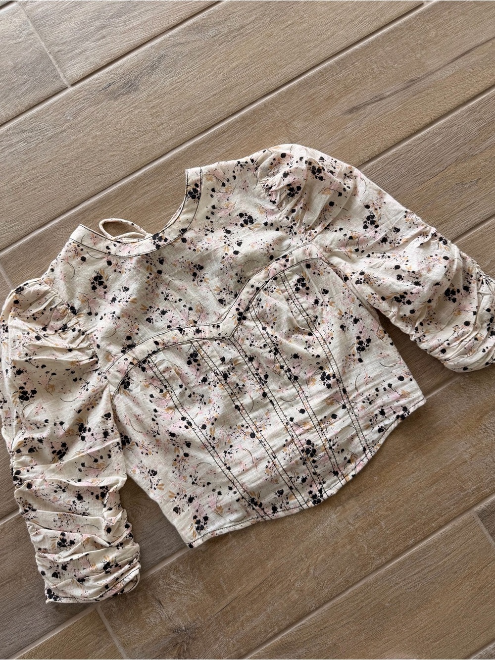 NWOT Free People Cream Floral Splatter Puff Sleeve Crop Top